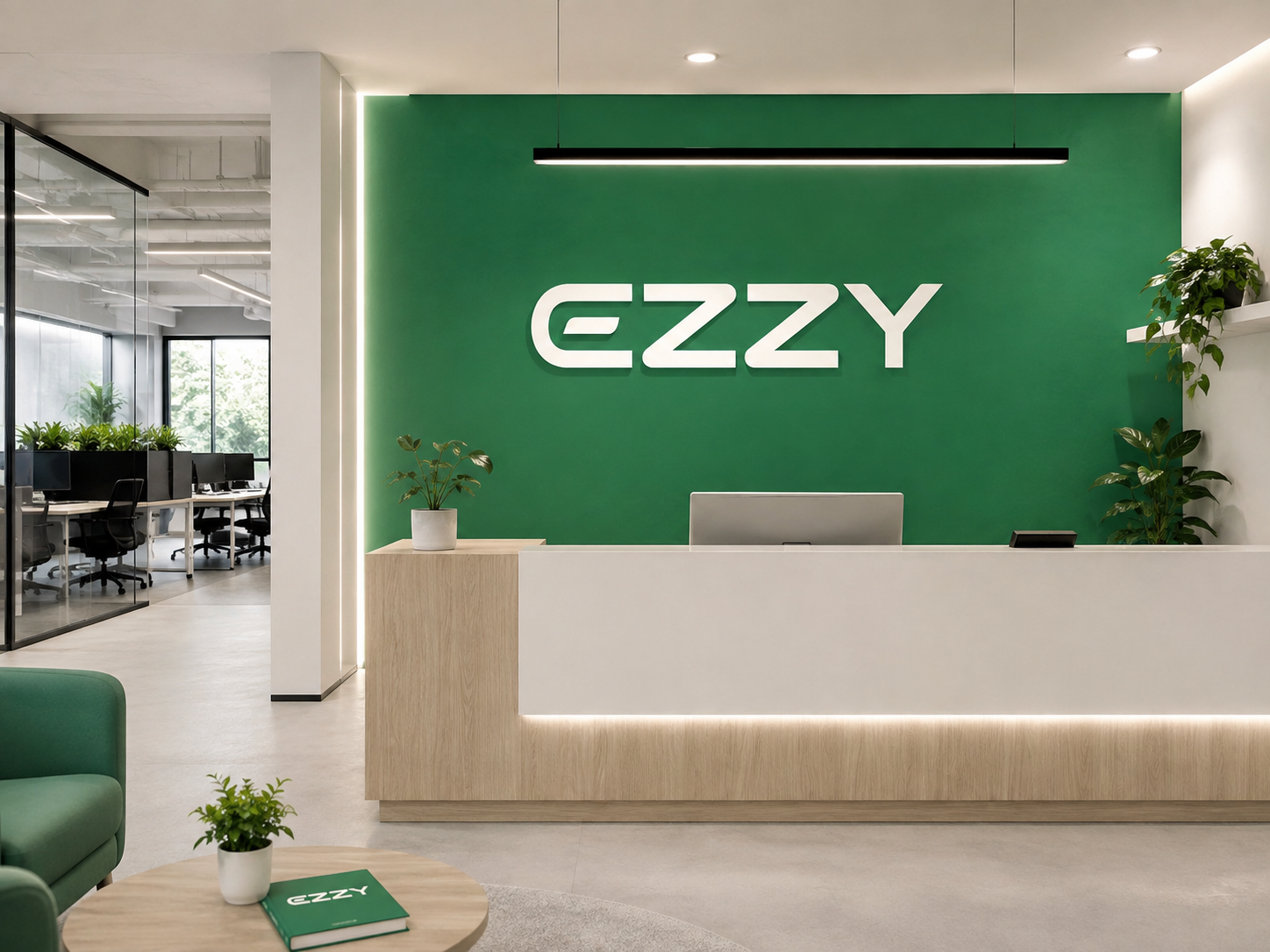 Recepção do escritório da Ezzy em Pinheiros, São Paulo, com o logo na parede verde