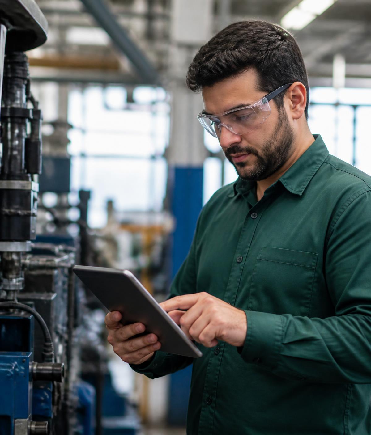 Profissional de manutenção industrial conferindo dados de consumo em um tablet
